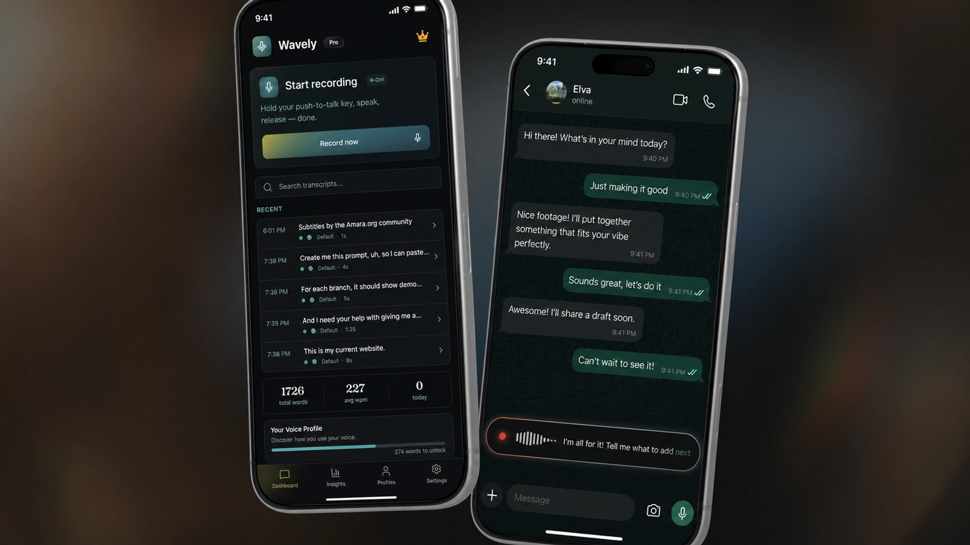 Two screens side by side: the dictation app's dashboard with its push-to-talk control and recent transcripts, and a messaging app receiving dictated text as it is spoken.